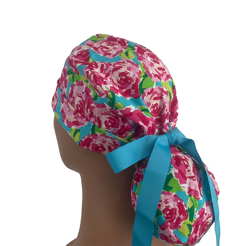 Turn Up Ponytail Medical Scrub Cap - In Full Bloom – Hot Pink Multi - Image 5