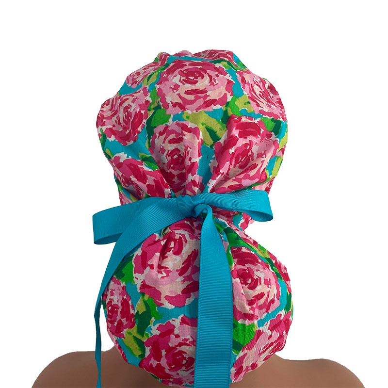 Turn Up Ponytail Medical Scrub Cap - In Full Bloom – Hot Pink Multi - Image 4