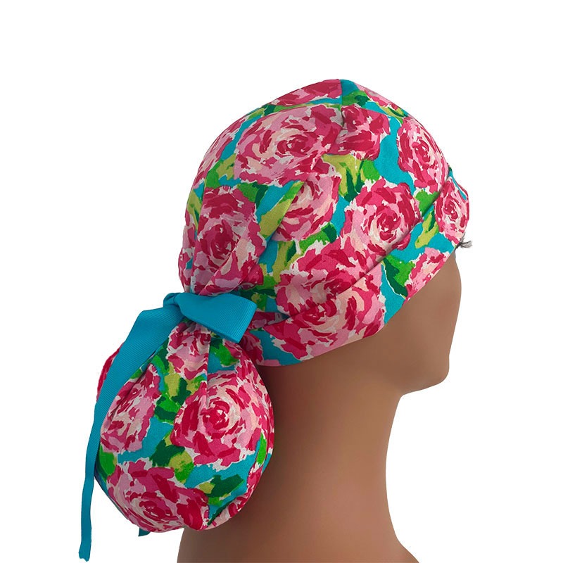 Turn Up Ponytail Medical Scrub Cap - In Full Bloom – Hot Pink Multi