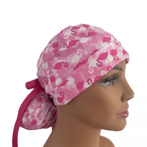 Turn Up Ponytail Medical Scrub Cap - Pink Flamingo Allover