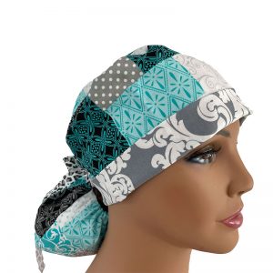 Turn Up Ponytail Medical Scrub Cap - Cherish Patch - Gray Flowers