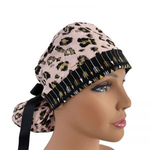 Turn Up Ponytail Medical Scrub Cap - Gold Leopard Prints/Arrows