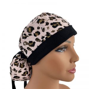 Turn Up Ponytail Medical Scrub Cap - Gold Leopard Prints/Black