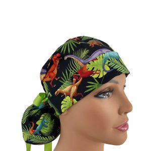 Turn Up Ponytail Medical Scrub Cap - Black Prehistoric Pets