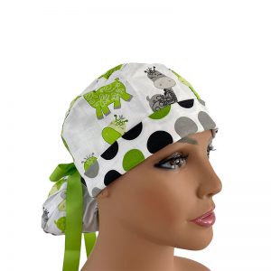 Turn Up Ponytail Medical Scrub Cap - Gigi Packed Giraffe - Polka Dots
