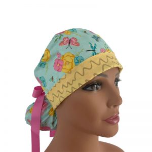 Turn Up Ponytail Medical Scrub Cap - Butterflies/Dragonflies/Bees Garden (S-M)