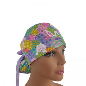 Turn Up Ponytail Medical Scrub Cap - Bunnies & Eggs Easter Cotton Glitter Fabric - (S-M)