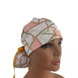Turn Up Ponytail Medical Scrub Cap - Pastel & Gold Geometric