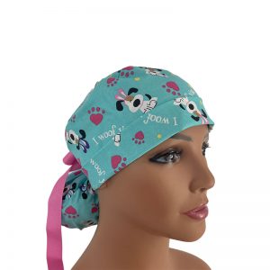 Turn Up Ponytail Medical Scrub Cap - I Woof You on Aqua