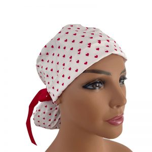 Turn Up Ponytail Medical Scrub Cap - Red Hearts On White - Valentine's Day