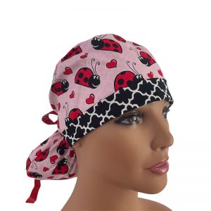 Turn Up Ponytail Medical Scrub Cap - Happy Ladybugs On Pink/Black Chevron