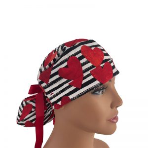 Turn Up Ponytail Medical Scrub Cap - Hearts - Black Stripes