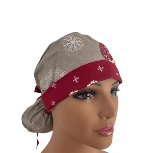 Turn Up Ponytail Medical Scrub Cap - Have A Heart - Beige/Red