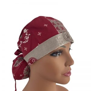 Turn Up Ponytail Medical Scrub Cap - Have A Heart -Red/Beige