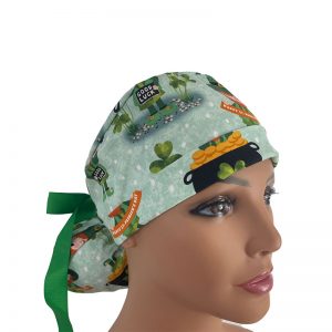 Turn Up Ponytail Medical Scrub Cap - The Leprechaun, Pot of gold, and the Luck of the Irish