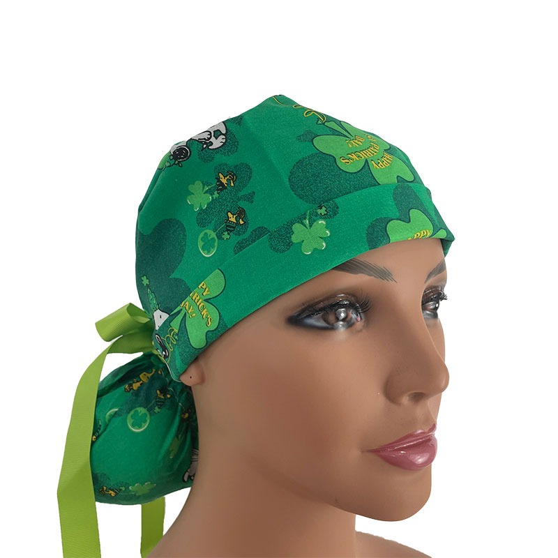 Turn Up Ponytail Medical Scrub Cap - I Woof You & Shamrocks St. Patrick's Day