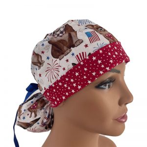 Turn Up Ponytail Medical Scrub Cap - American Flag & Puppy