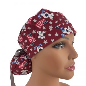 Turn Up Ponytail Medical Scrub Cap - Glitter Star, American Flag & Puppy