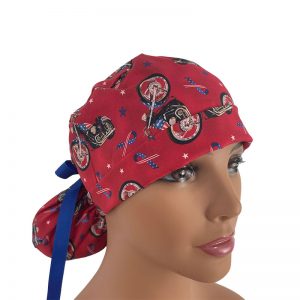 Turn Up Ponytail Medical Scrub Cap - Liberty Ride - Stars Ribbons & Bikes