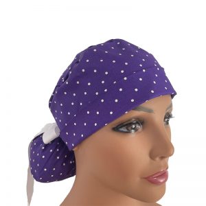 Turn Up Ponytail Medical Scrub Cap - Polka Dots - White/Purple