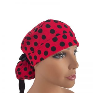 Turn Up Ponytail Medical Scrub Cap - Polka Dots - Black/Red