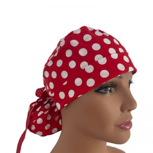 Turn Up Ponytail Medical Scrub Cap - Polka Dots - White/Red