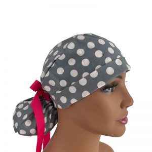 Turn Up Ponytail Medical Scrub Cap - Polka Dots - Gray/White