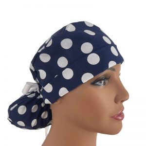 Turn Up Ponytail Medical Scrub Cap - Polka Dots - Large - White/Navy Blue