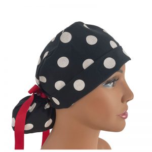 Turn Up Ponytail Medical Scrub Cap - Polka Dots - Large - White/Black