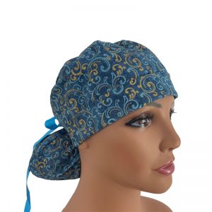 Turn Up Ponytail Medical Scrub Cap - Golden Swirls - Blue