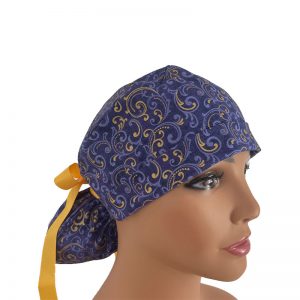 Turn Up Ponytail Medical Scrub Cap - Golden Swirls - Purple