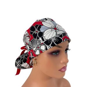 Turn Up Ponytail Medical Scrub Cap - Holiday Rose in Scarlet