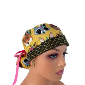 Turn Up Ponytail Medical Scrub Cap - Woodland Animals With Flower Crowns