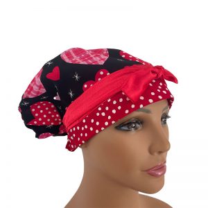European Scrub Cap - Dotted Hearts Over Black