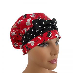 European Scrub Cap - Tossed Dogs On Red