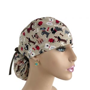Ponytail Medical Scrub Cap-Christmas Doggies Cream
