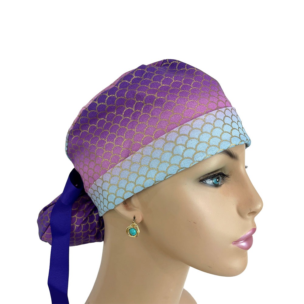 Turn Up Ponytail Medical Scrub Cap - Purple Mermaid Scales