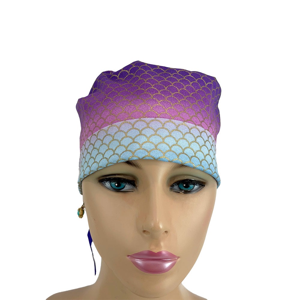 Turn Up Ponytail Medical Scrub Cap - Purple Mermaid Scales - Image 3