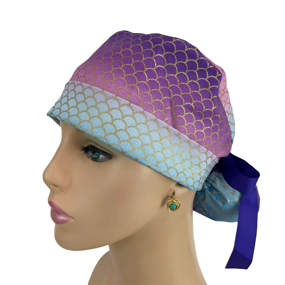 Turn Up Ponytail Medical Scrub Cap - Purple Mermaid Scales - Image 4