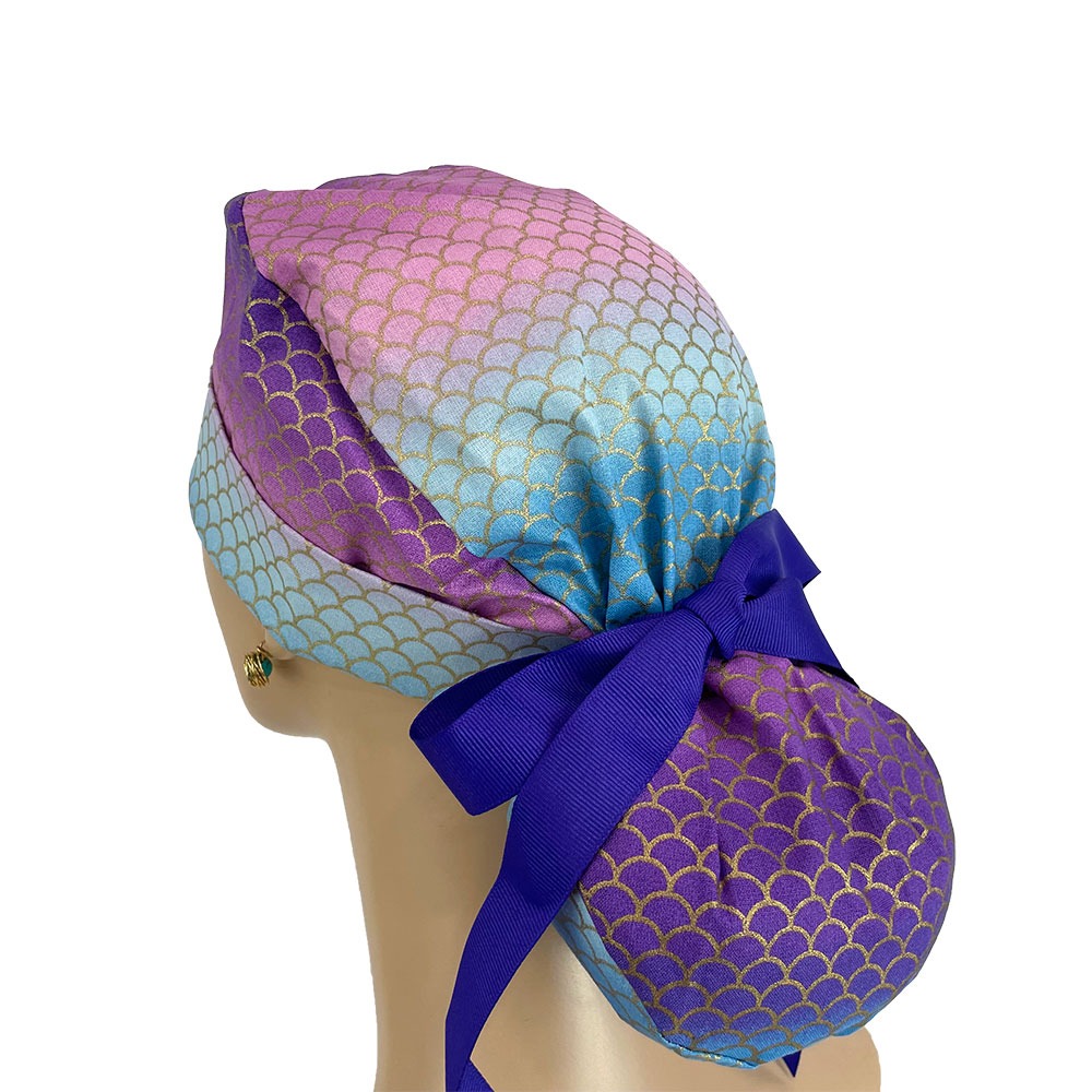 Turn Up Ponytail Medical Scrub Cap - Purple Mermaid Scales - Image 5