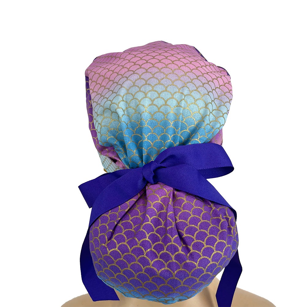 Turn Up Ponytail Medical Scrub Cap - Purple Mermaid Scales - Image 6