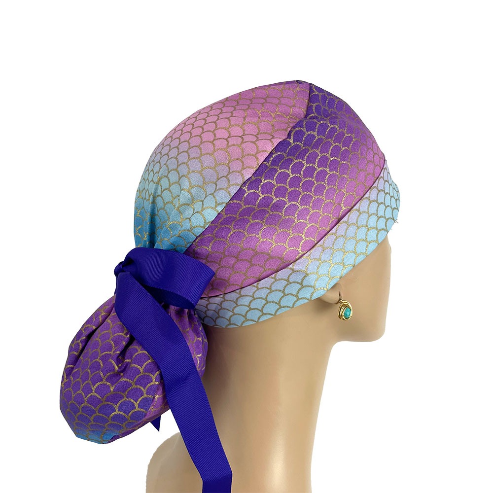 Turn Up Ponytail Medical Scrub Cap - Purple Mermaid Scales - Image 7