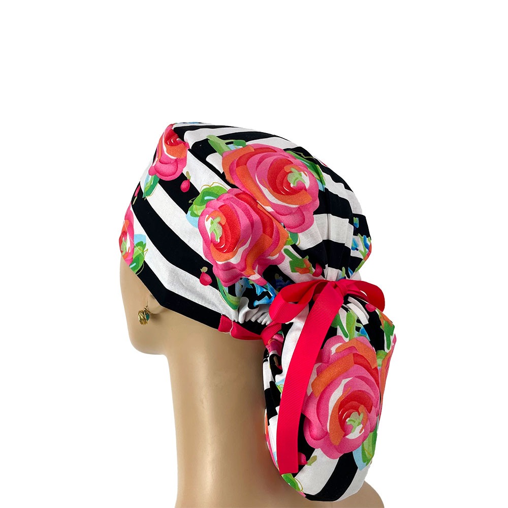 Ponytail Medical Scrub Cap - Stripe and Flowers - Image 3