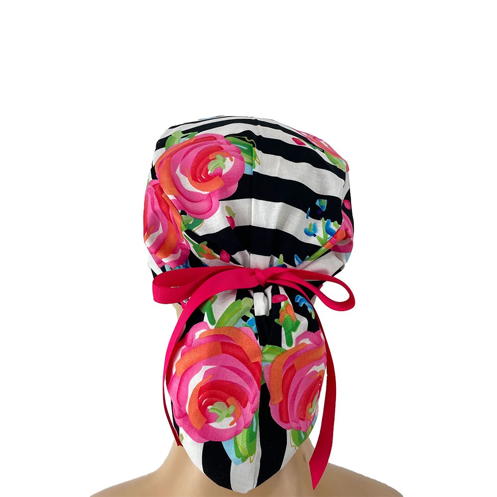 Ponytail Medical Scrub Cap - Stripe and Flowers - Image 4