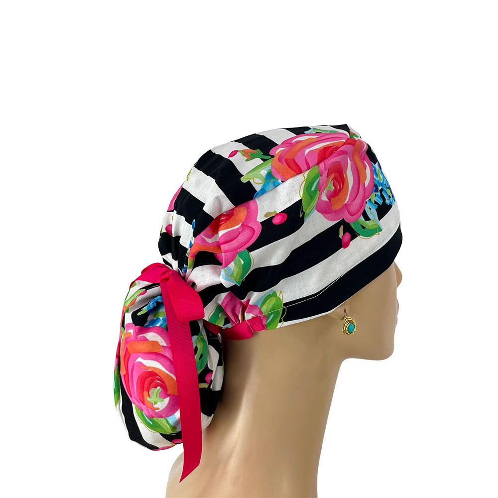 Ponytail Medical Scrub Cap - Stripe and Flowers - Image 5