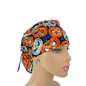 Ponytail Medical Scrub Cap-All Eyes on You - Scary Pumpkin Glow - Black/Glow