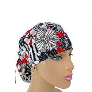 Ponytail Medical Scrub Cap-Seasonal Flowers-Black/Red/White