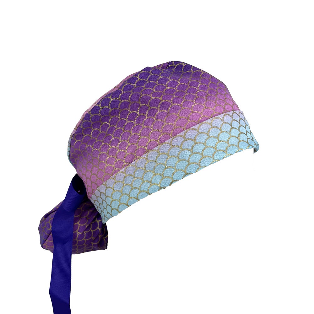 Turn Up Ponytail Medical Scrub Cap - Purple Mermaid Scales - Image 2