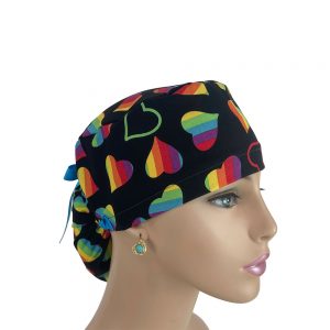 Ponytail Medical Scrub Cap - Rainbow Colored Hearts