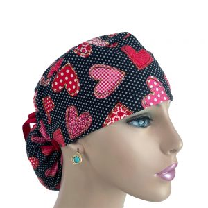 Ponytail Medical Scrub Cap - Toss Glitter Hearts On Dots